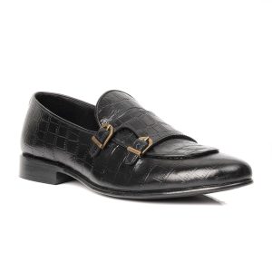 Black Croc Embossed Double Monk Loafers  our designers