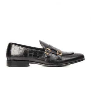 Black Croc Embossed Double Monk Loafers  our designers