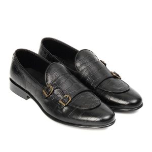 Black Croc Embossed Double Monk Loafers  our designers